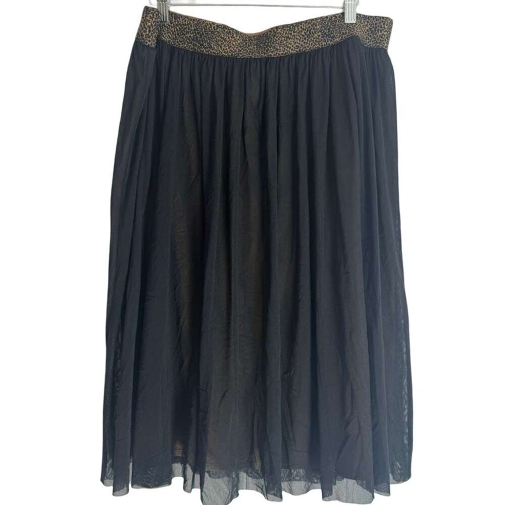 Chicos Pleated Mesh Midi Pull On Elastic Leopard Print Waist Skirt Black sz 2/ L